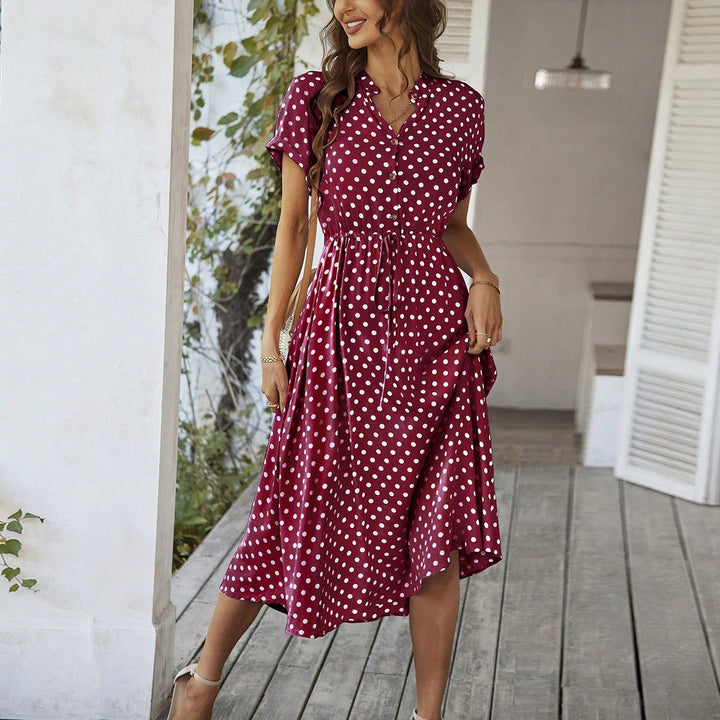 Damen Midi-Kleid mit Punkten, Knöpfen und Bindegürtel