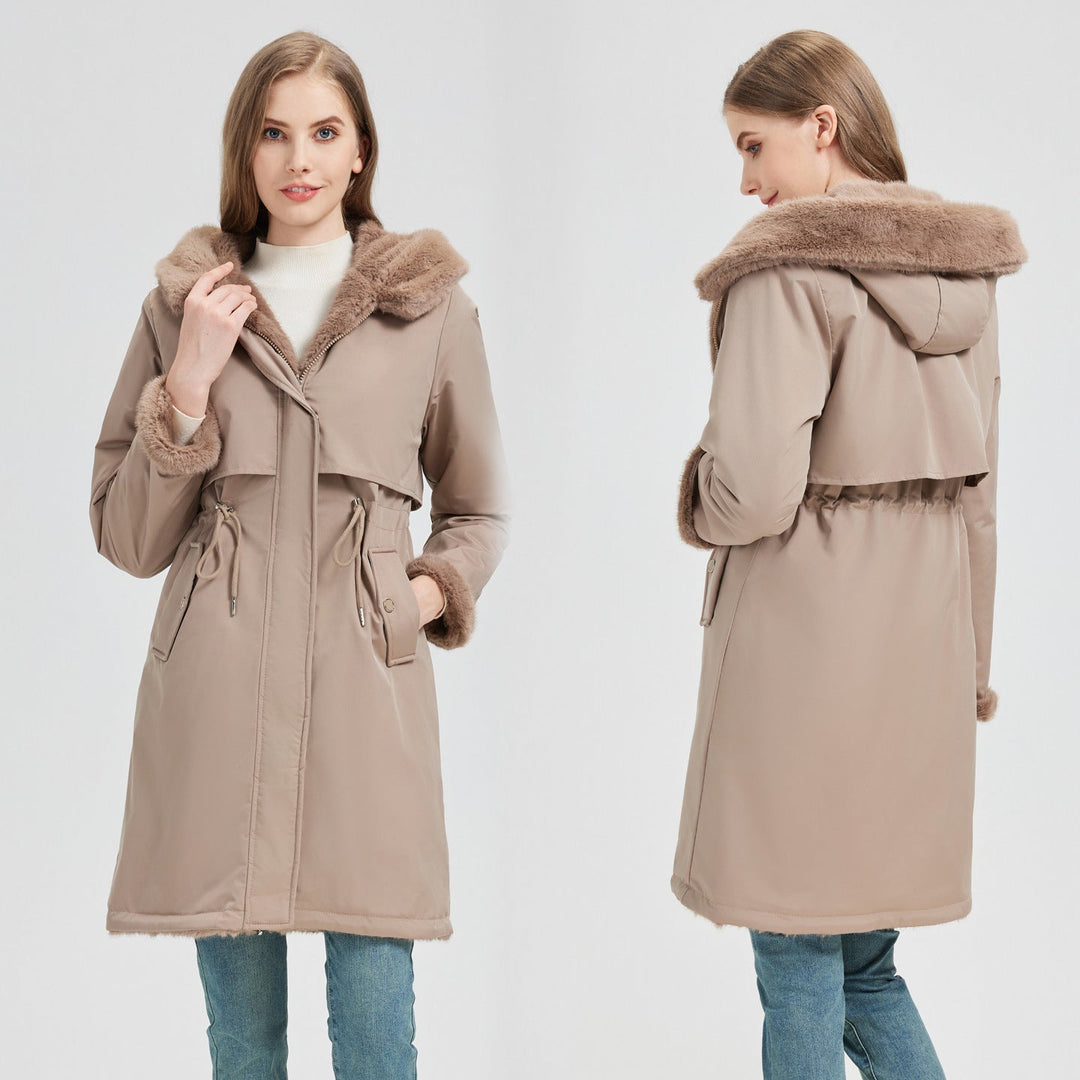 Parka largo para mujer con capucha desmontable y cordón ajustable en la cintura