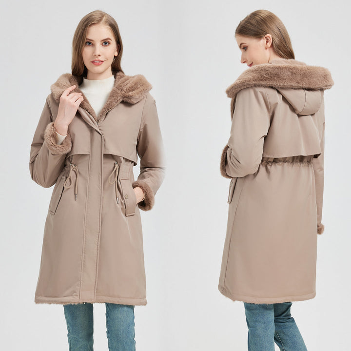 Parka largo para mujer con capucha desmontable y cordón ajustable en la cintura