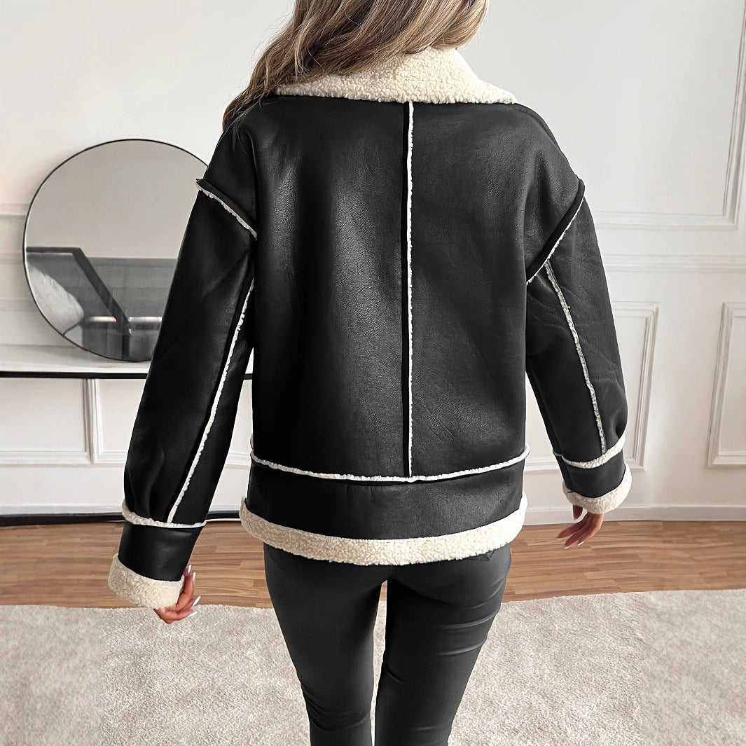Damen Kunstlederjacke mit Teddyfutter und Reißverschluss