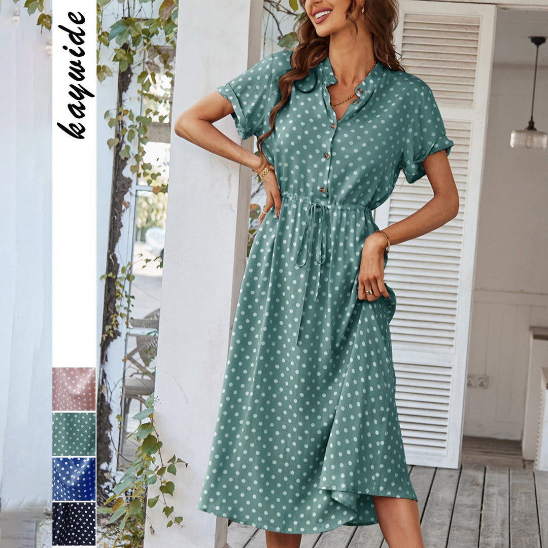 Damen Midi-Kleid mit Punkten, Knöpfen und Bindegürtel