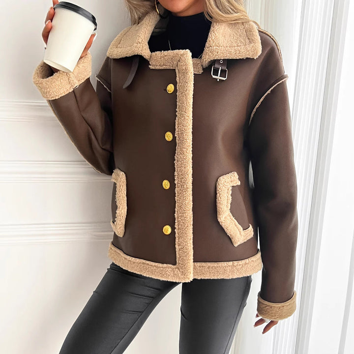 Damen Teddyfelljacke mit Knopfleiste und Seitentaschen
