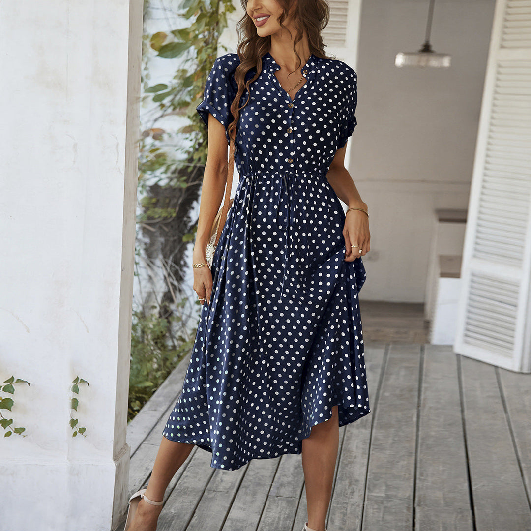 Damen Midi-Kleid mit Punkten, Knöpfen und Bindegürtel