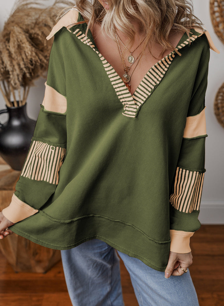 Damen Oversized V-Ausschnitt Gestreifter Sweatshirt