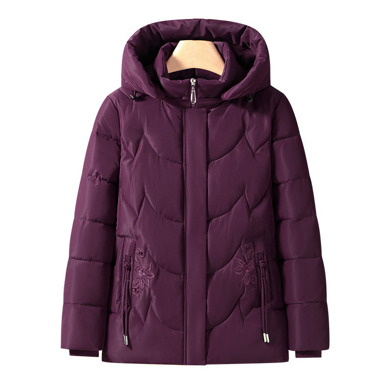 Damen gesteppte Thermo-Outdoorjacke mit Kapuze und floralem Taschenstickerei