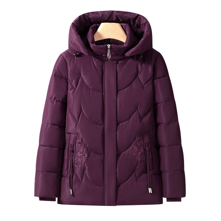 Damen gesteppte Thermo-Outdoorjacke mit Kapuze und floralem Taschenstickerei