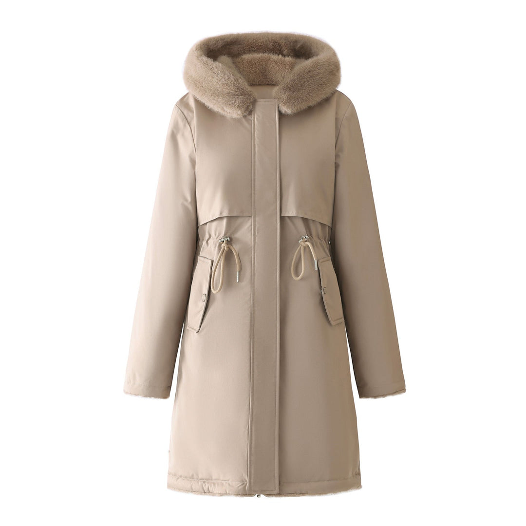 Parka largo para mujer con capucha desmontable y cordón ajustable en la cintura