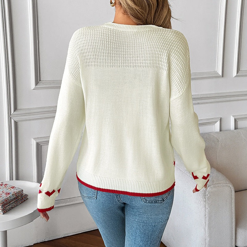 Pull pour femme à col rond, motifs de cœurs intarsia et poignets côtelés