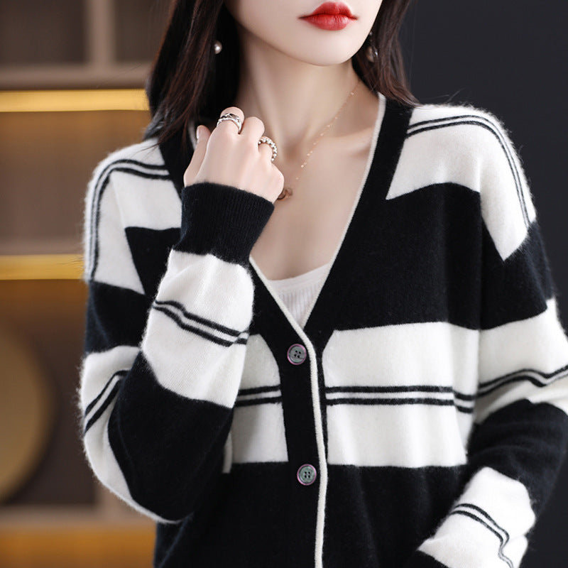 Cardigan midi da donna a blocchi di colore, con scollo a V e maniche lunghe