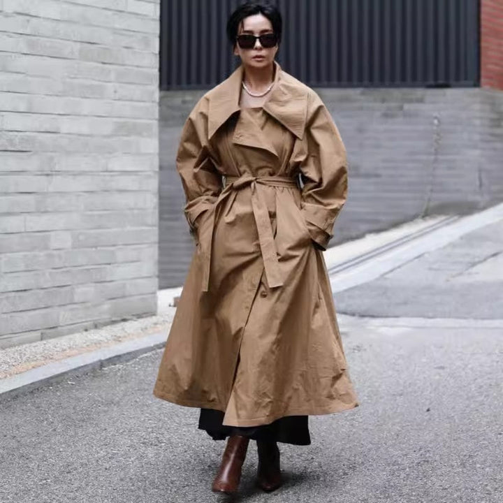 Damen Oversize-Trenchcoat mit Wasserfallkragen und Bindegürtel