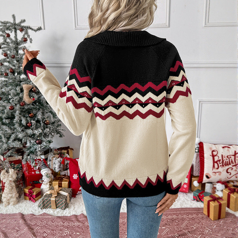 Maglione da donna con scollo a V, maniche lunghe e motivo a zigzag
