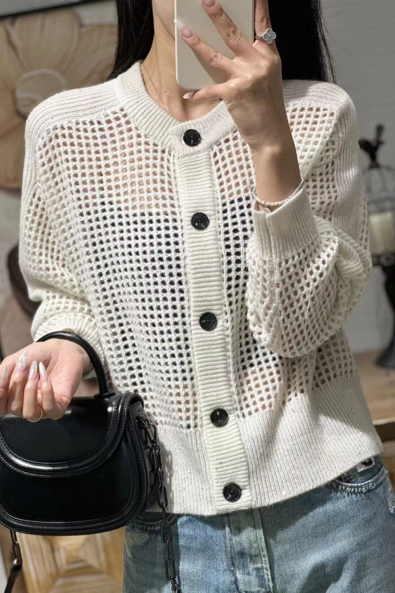 Cardigan da donna in mesh con scollo rotondo, abbottonatura e maniche lunghe