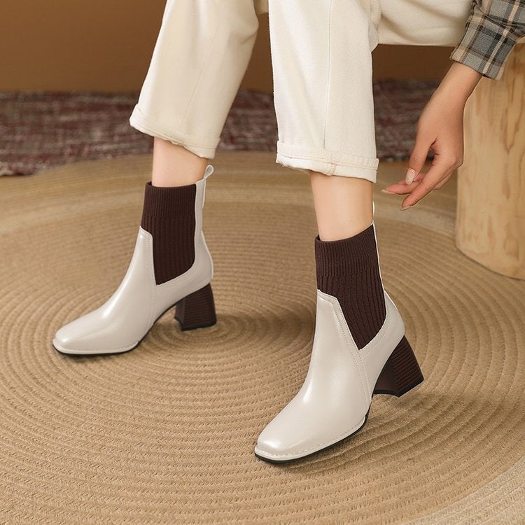 Damen Chunky Stiefeletten mit Strick-Einsatz und robustem Absatz