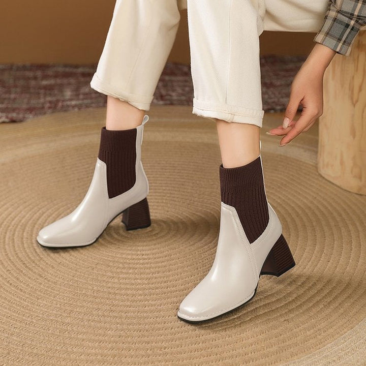 Damen Chunky Stiefeletten mit Strick-Einsatz und robustem Absatz