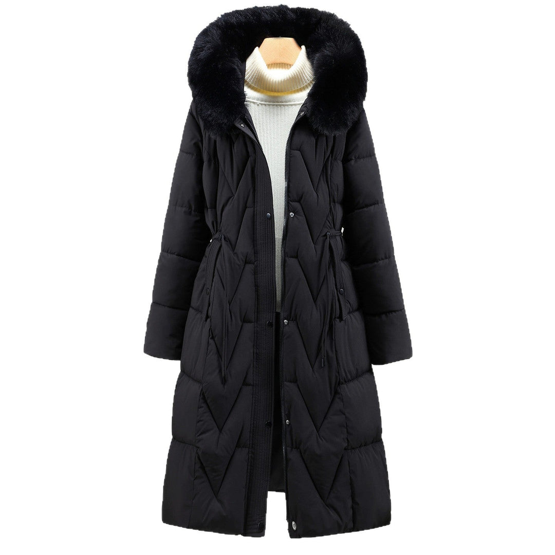 Damen langer gesteppter Parka mit Kunstfellkapuze und Kordelzug