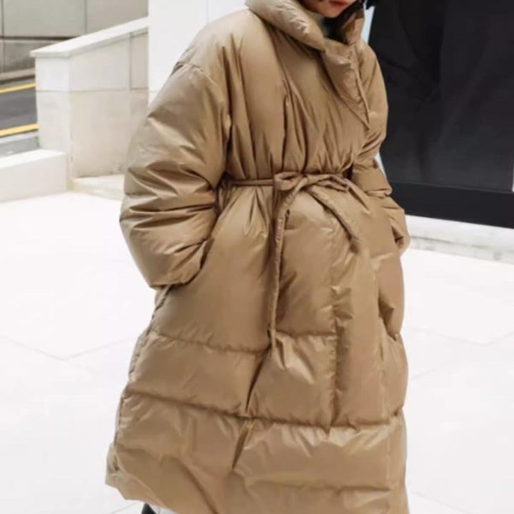 Damen Longline-Parka mit Wickelgürtel und voluminösen Ärmeln