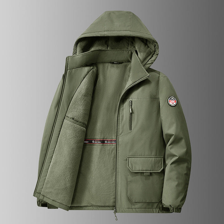 Herren gefütterte Softshell-Winterjacke mit Kapuze und multifunktionalen Taschen