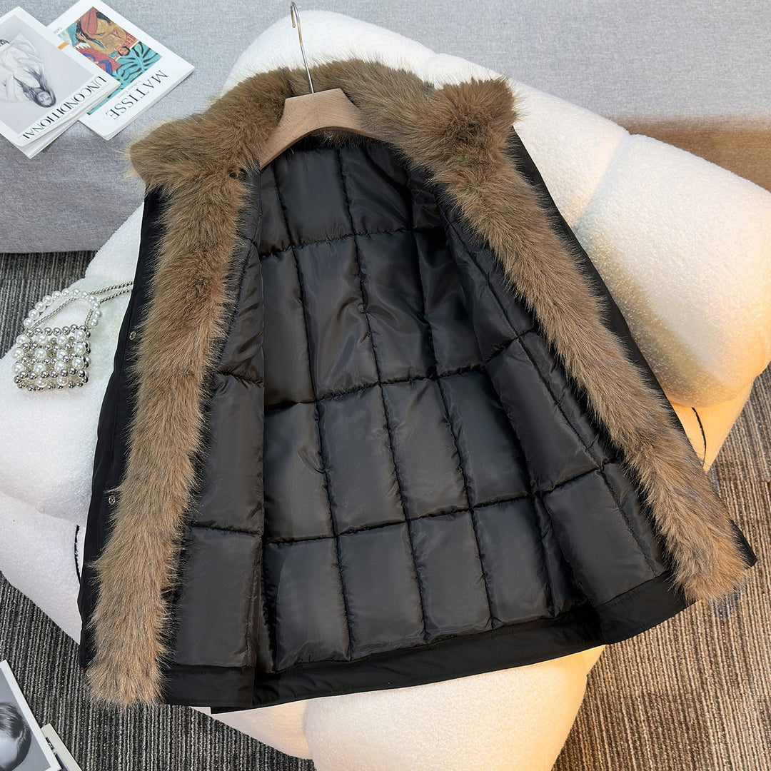 Damen mittellanger Winterparka mit abnehmbarem Kunstfellkragen