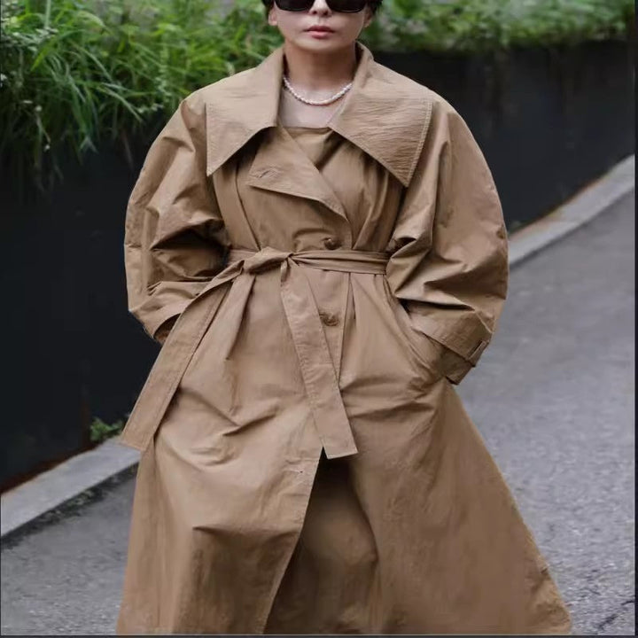 Damen Oversize-Trenchcoat mit Wasserfallkragen und Bindegürtel