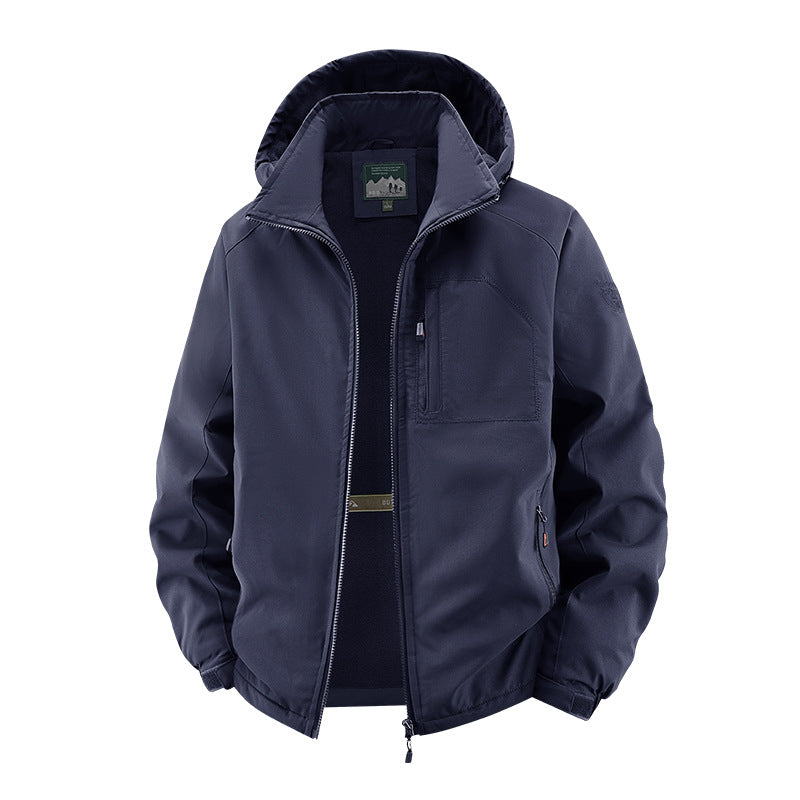 Men’s softshell tactical jacket with concealed hood and chest pocket