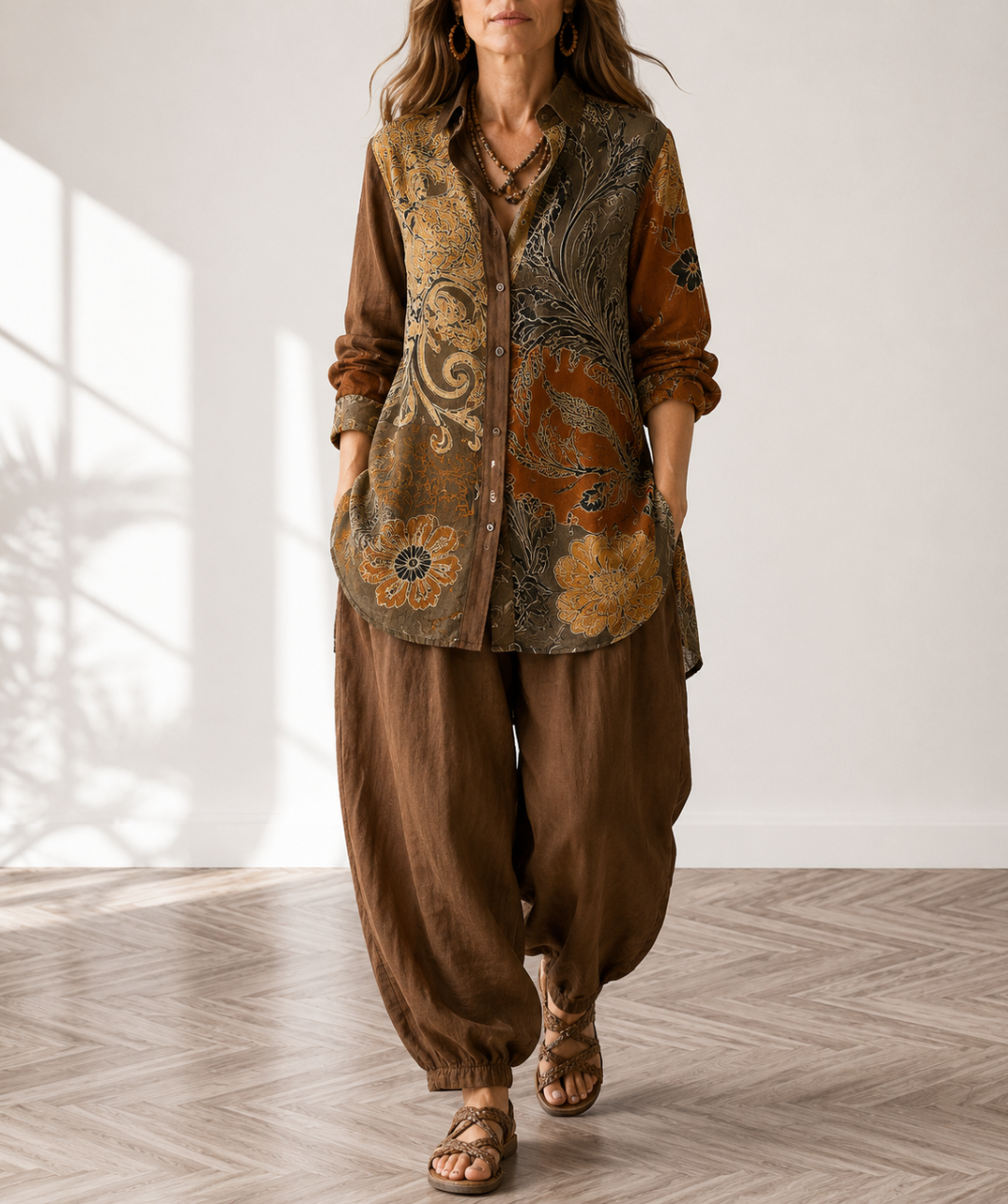 Nina | Women's Floral Long-Sleeve Top & Pants Set with Buttons