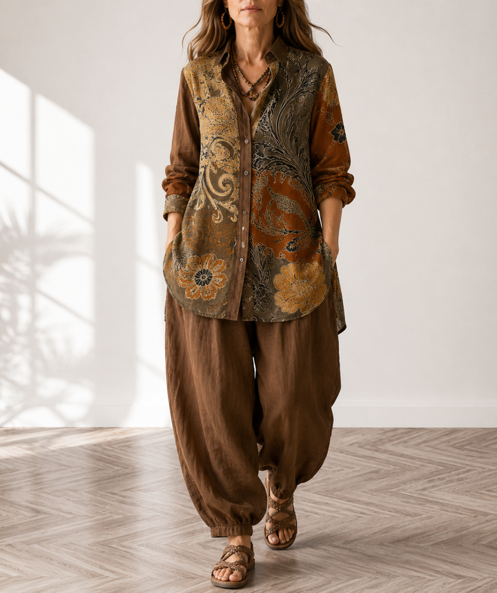 Nina | Women's Floral Long-Sleeve Top & Pants Set with Buttons