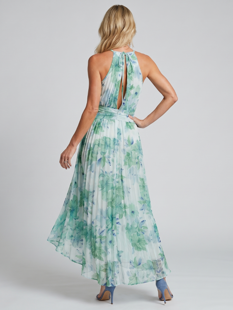 Portia | Plissiertes Halfter Kleid mit weichem Blumenmuster in Midi-Länge