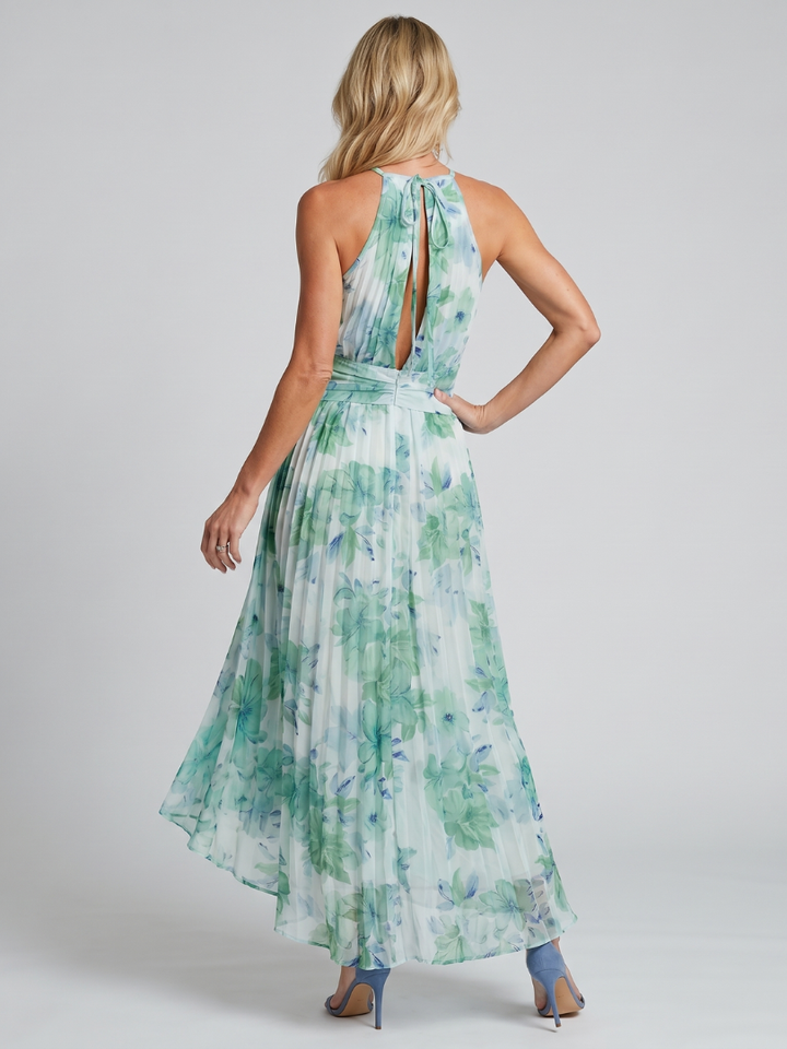 Portia | Plissiertes Halfter Kleid mit weichem Blumenmuster in Midi-Länge