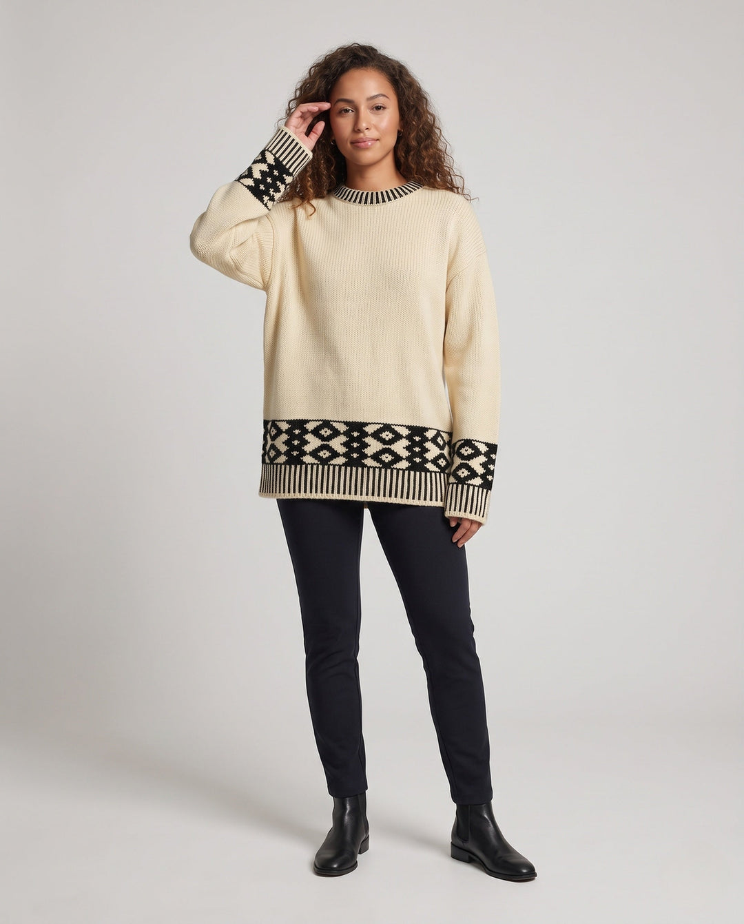 Pull femme oversize à motif norvégien et poignets côtelés