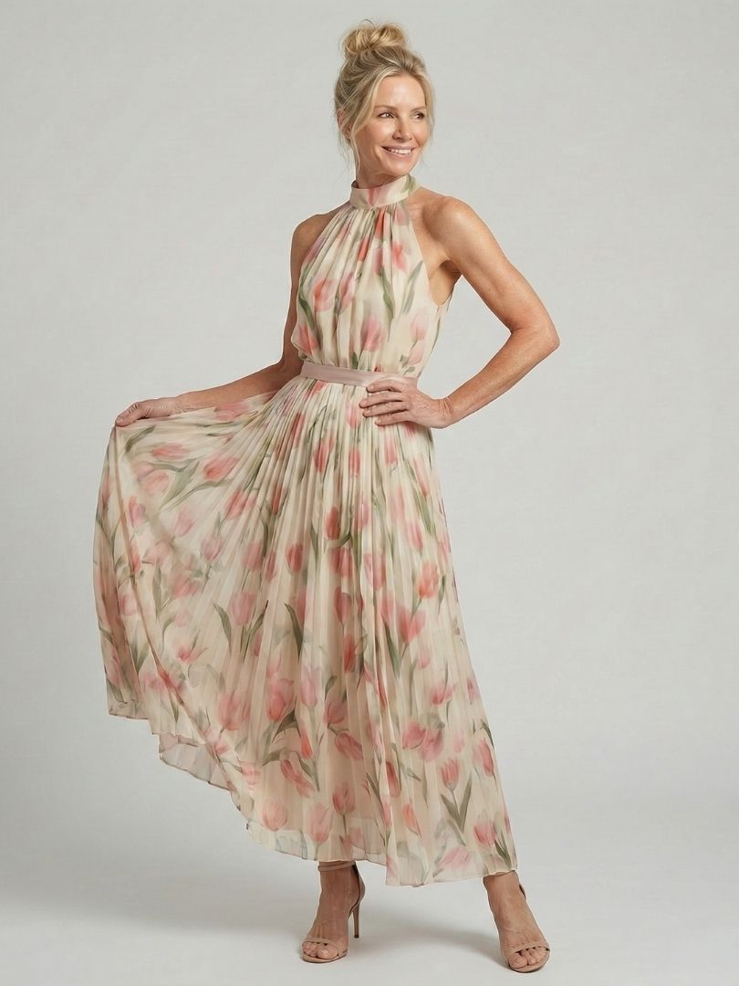 Aurelle | Blumenmuster Midi Kleid mit Halterneck