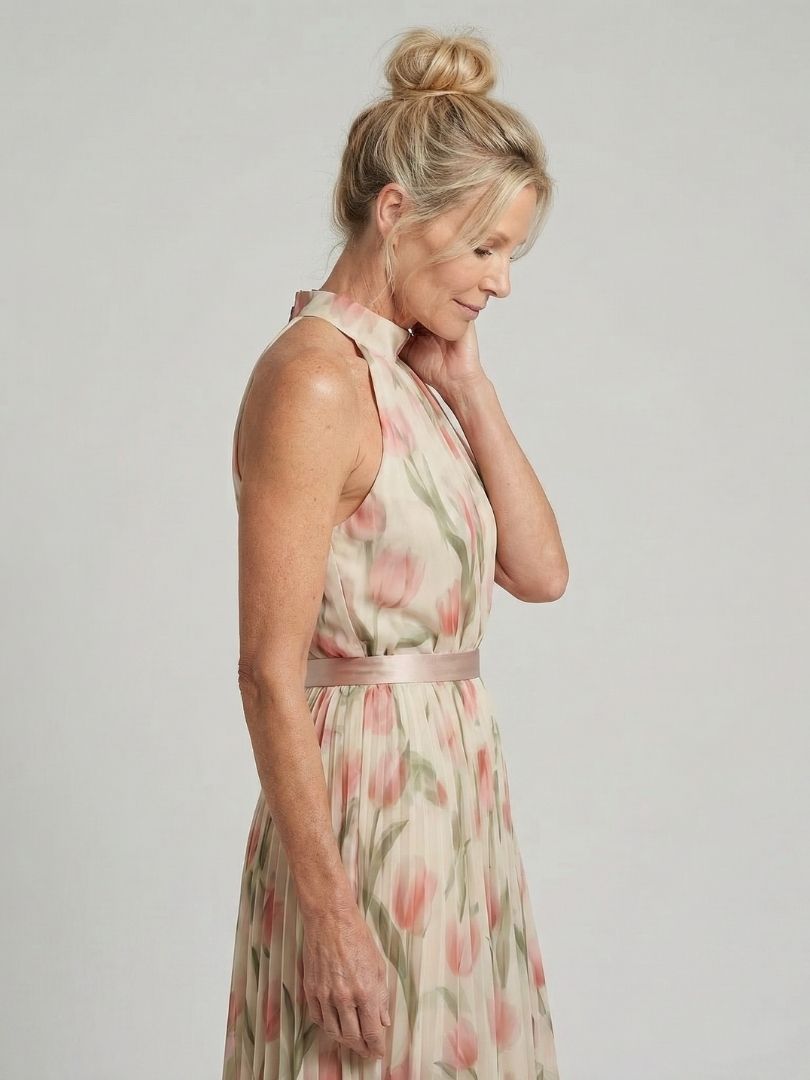 Aurelle | Blumenmuster Midi Kleid mit Halterneck