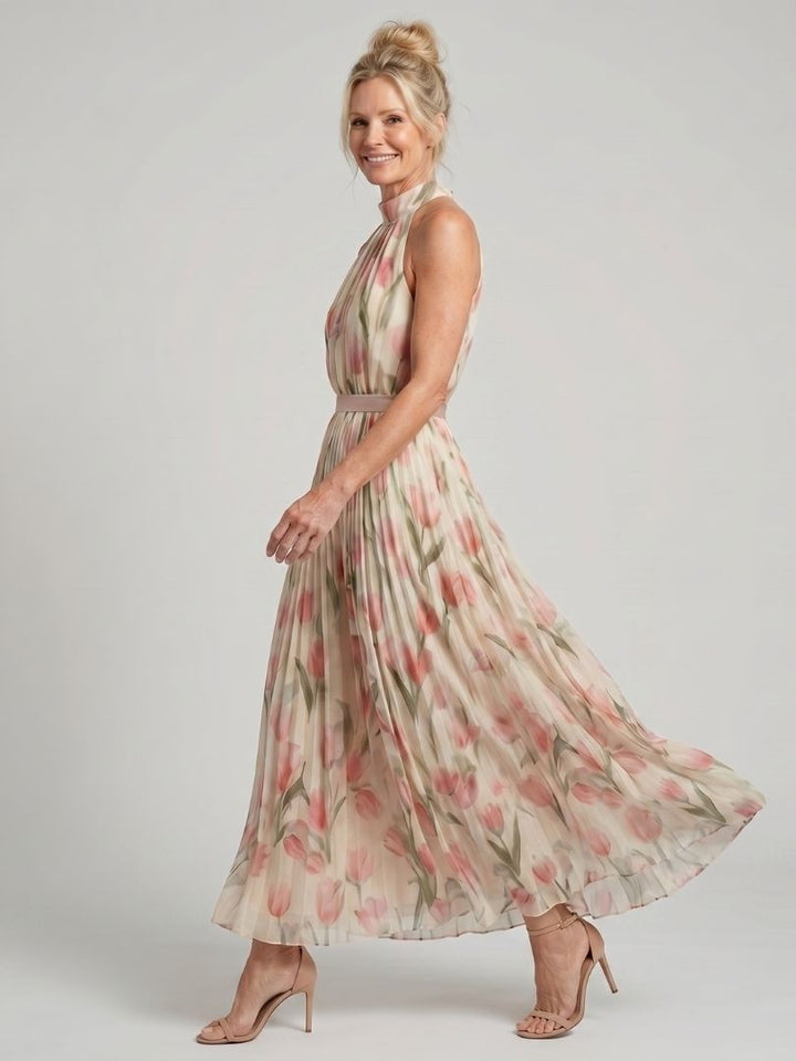 Aurelle | Blumenmuster Midi Kleid mit Halterneck