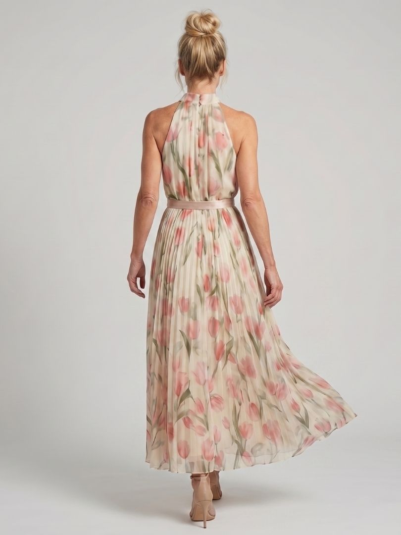 Aurelle | Blumenmuster Midi Kleid mit Halterneck