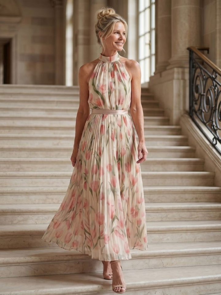 Aurelle | Blumenmuster Midi Kleid mit Halterneck