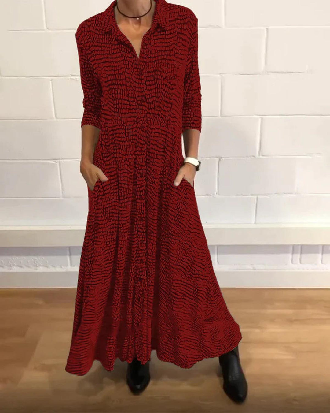 Damen Langarm-Maxi-Kleid mit Taschen