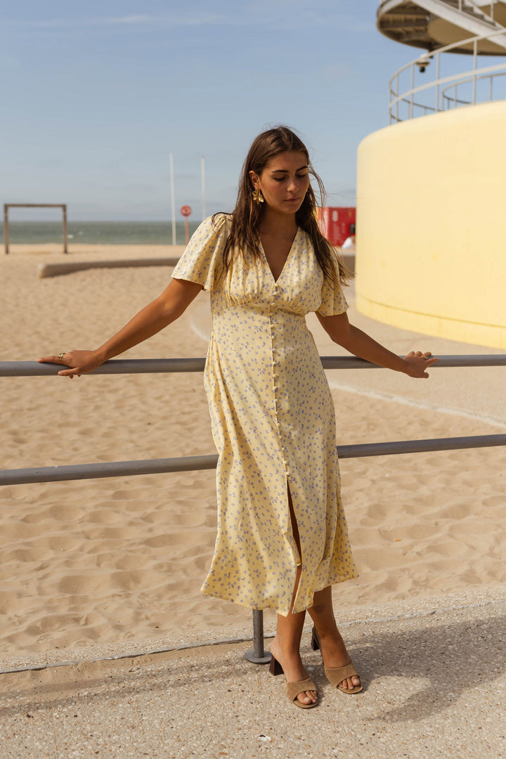 Diana | Damen Blumenkleid Midi mit V-Ausschnitt und kurzen Ärmeln