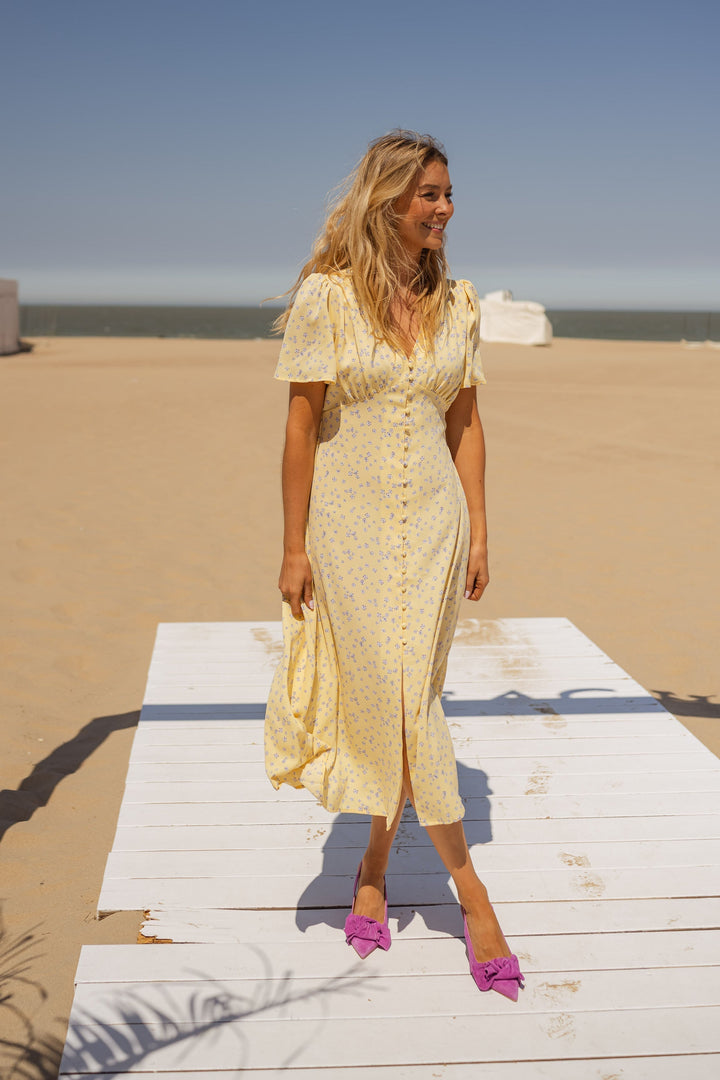 Diana | Damen Blumenkleid Midi mit V-Ausschnitt und kurzen Ärmeln