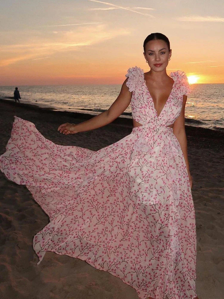 Aurora - Elegantes Rückenfreies Rüschens Maxikleid