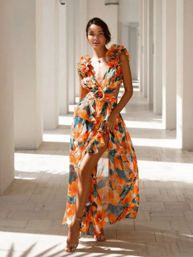Aurora - Elegantes Rückenfreies Rüschens Maxikleid