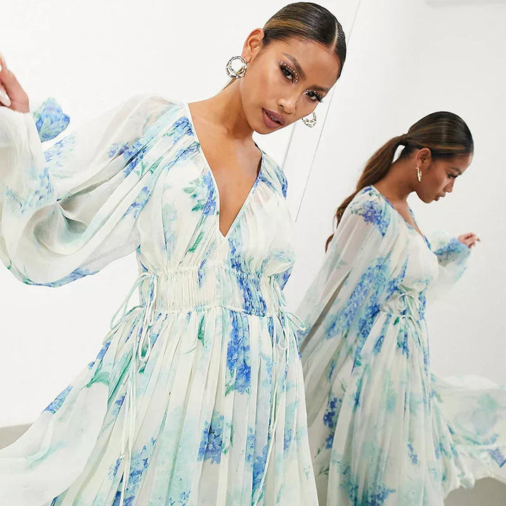 Nora – Blaues Ozean Maxi Kleid