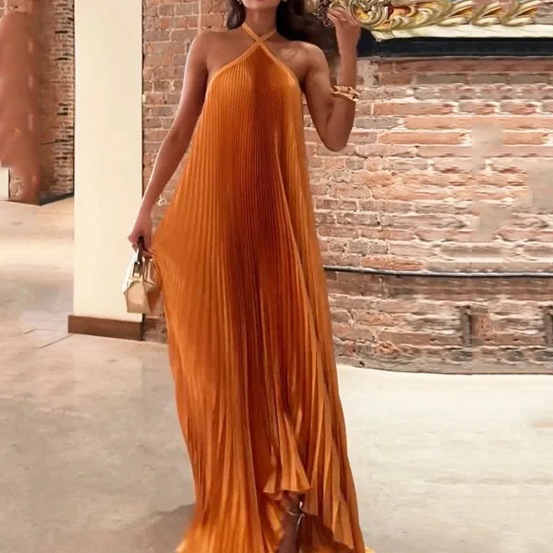 Mira - Schickes Plissiertes Maxikleid mit Halterneck