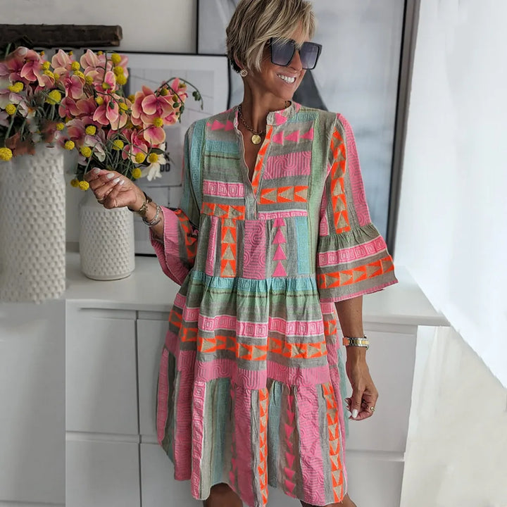 Ava™ - Schickes V-Ausschnitt Sommerkleid aus Baumwolle und Hanf