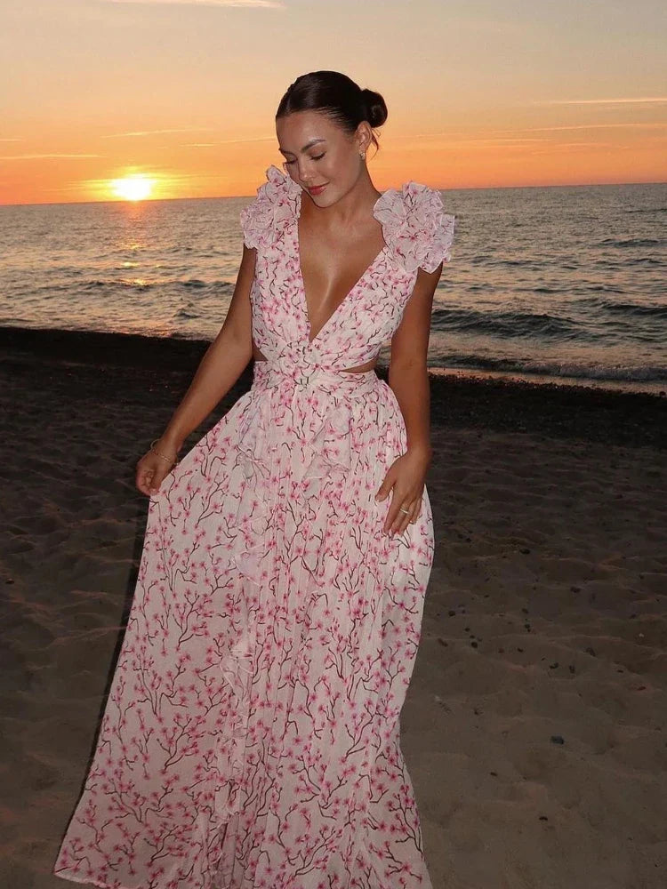 Aurora - Elegantes Rückenfreies Rüschens Maxikleid