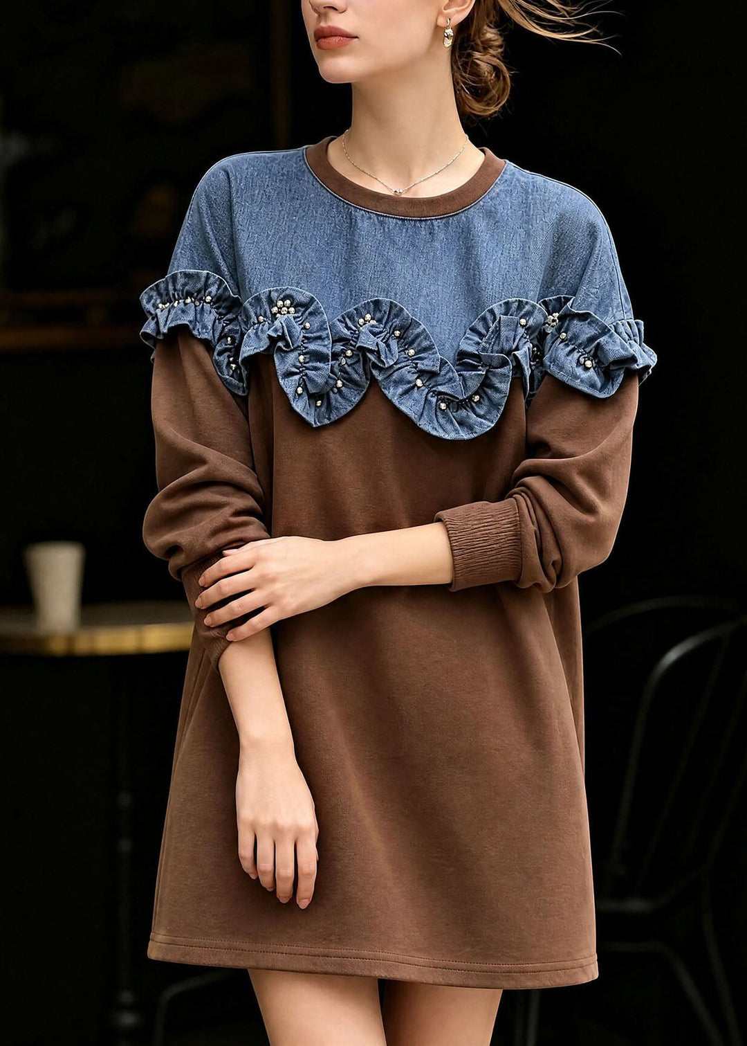 Women's sweater with ruffles and a crew neck