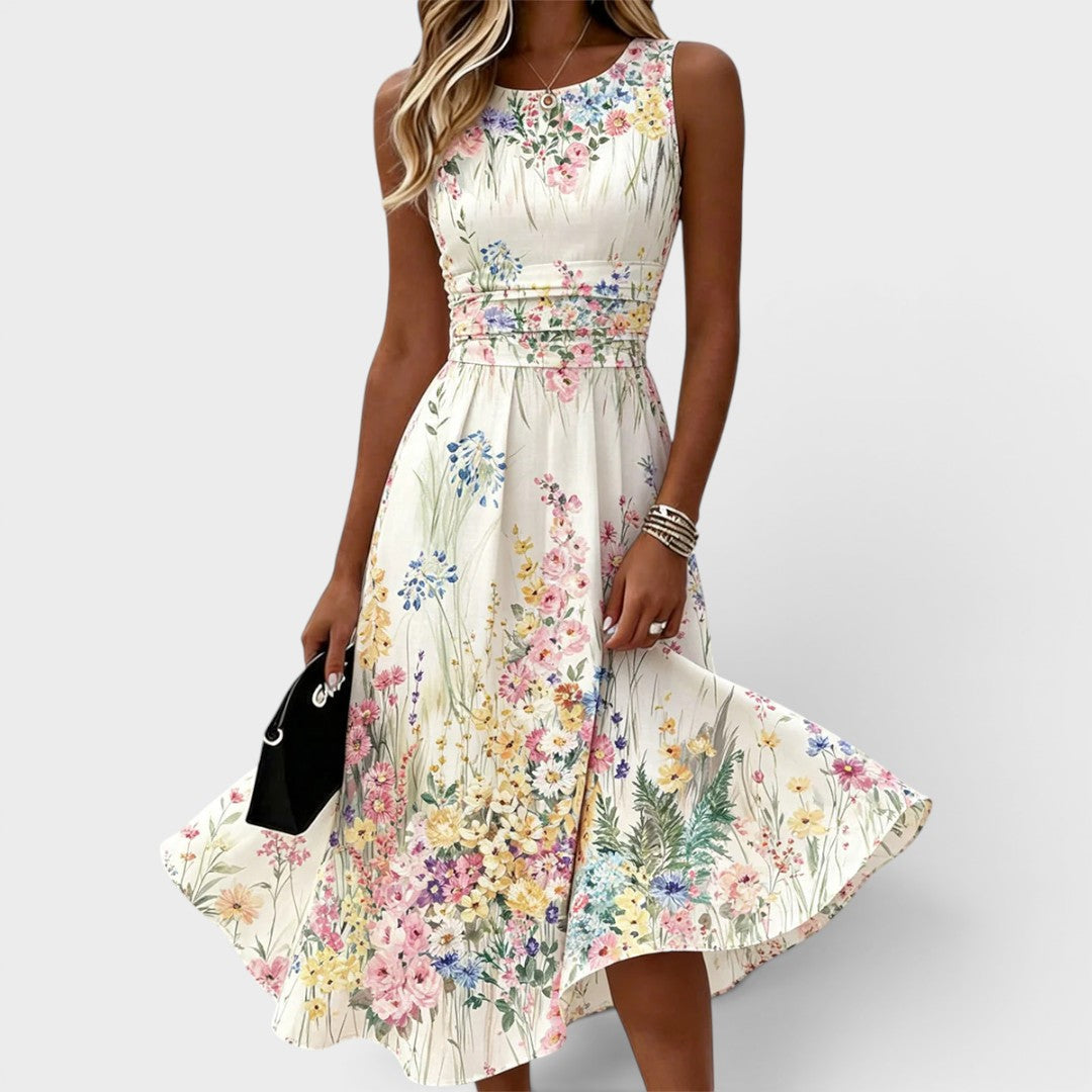 Kimberly | Vestido midi de flores sem mangas com decote redondo para senhora