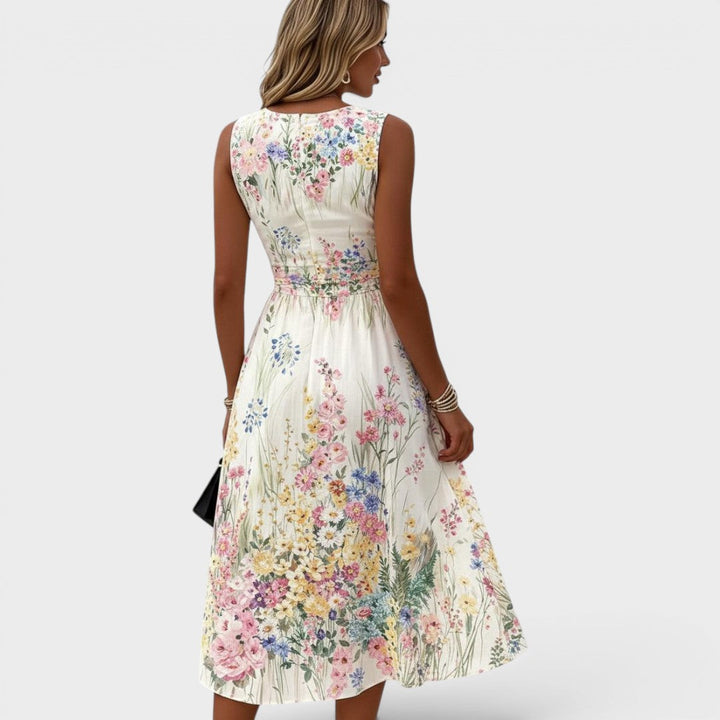 Kimberly | Vestido midi de flores sem mangas com decote redondo para senhora