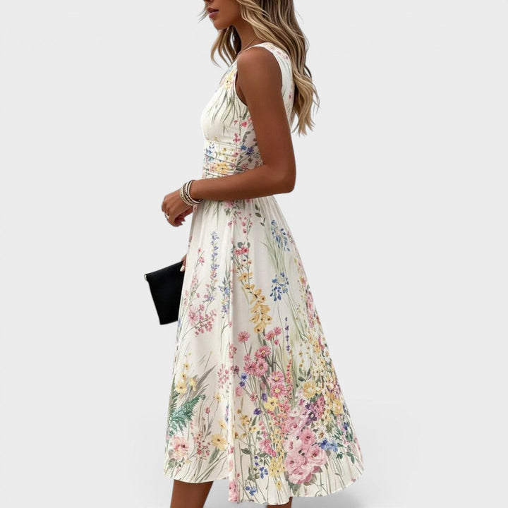 Kimberly | Vestido midi de flores sem mangas com decote redondo para senhora