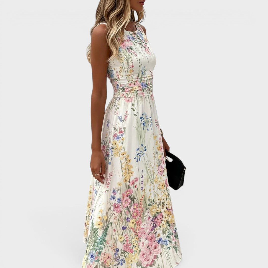 Kimberly | Vestido midi de flores sem mangas com decote redondo para senhora