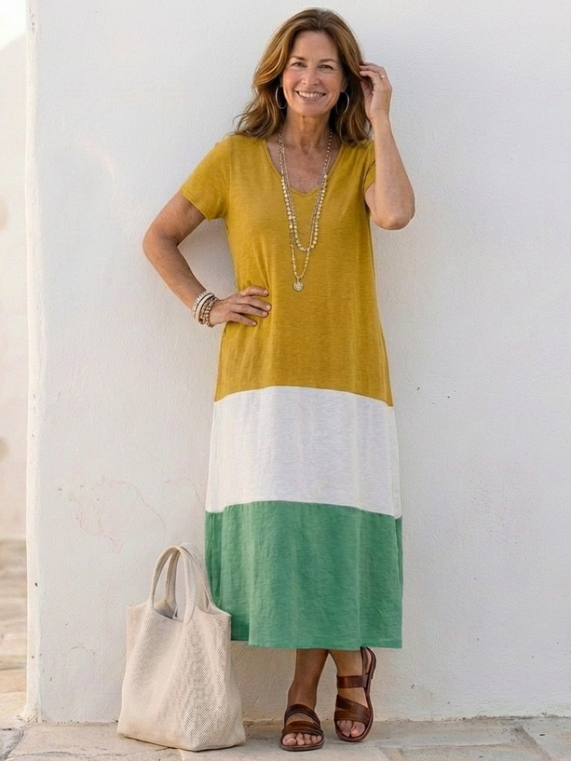 Thalia | Kurzarm Farbblock V-Ausschnitt Midi Kleid