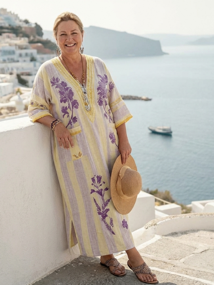 Aurelia | V-Ausschnitt Halbarm Gestreiftes Floral Maxikleid